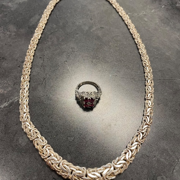 Sterling Silver Byzantine Chain and Pink Tourmaline Art Deco Ring - Picture 2 of 5